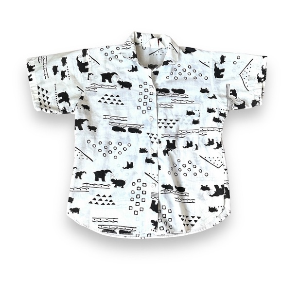 Vintage White Elephant Hippo Novelty Print Short Sleeve Button Up Size Small - Picture 1 of 15